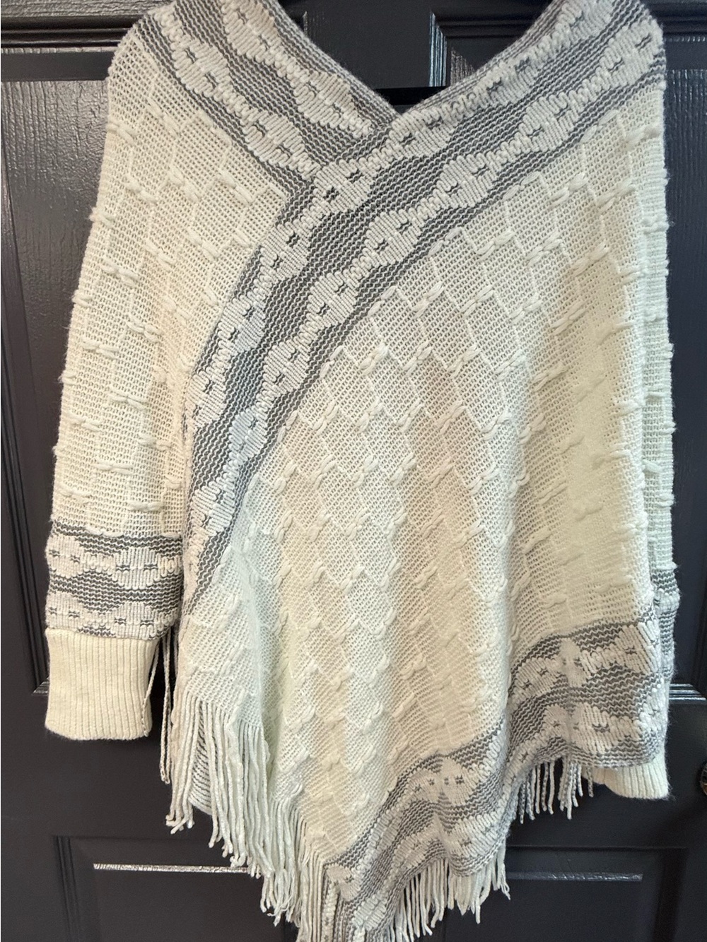 Cream Knit Fringe Poncho with Gray Accent
